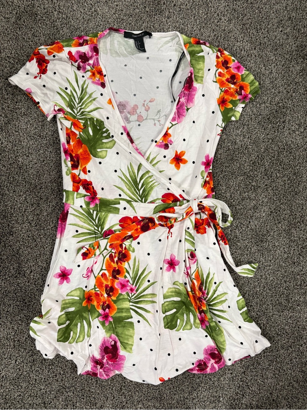 Forever 21 White Floral Wrap Romper with Green Leaves and Pink/Orange Flowers